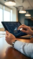 Businessman analyzing financial data and stock market charts on tablet in modern office environment for investment decisions and trading strategies.