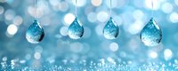 Hanging water droplets with glitter and bokeh lights on blue background, suitable for holiday, winter, and festive design projects.