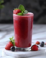Fresh strawberry smoothie in glass with mint garnish and berries on marble surface for healthy breakfast and summer refreshment recipes.