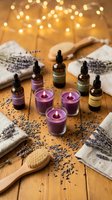Aromatherapy spa setup with essential oil bottles, purple candles, lavender sachets and wooden brush on rustic table with warm bokeh lights for relaxation.