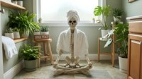 Skeleton in meditation pose wearing sunglasses and white cardigan, surrounded by potted plants in bright room. Humorous wellness and yoga concept for lifestyle, health, and interior design projects.