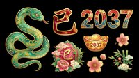 Green serpent with ornate gold detailing, red and gold 2037 numerals, lucky coins, blooming flowers, and bamboo sprigs isolated on transparent background. Ready for t-shirt design, stickers, sublimation, and print-on-demand products.