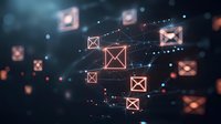 Digital network of glowing email icons connected by light paths on dark background, representing electronic communication systems.