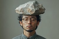 Young Asian man with glasses and beard balancing large stone on head against gray background, eyes closed in meditative state, wearing casual button-up shirt.