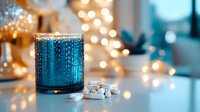 Glowing blue glass candle holder with water drops against blurred golden bokeh lights and scattered marshmallows on light surface, cozy winter mood.