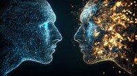 Digital wireframe faces facing each other, one blue glowing with network pattern, other dissolving into golden particles against dark background. Concept of artificial intelligence.