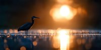 Silhouette of heron standing in shallow water at sunset, dramatic orange sky reflected on calm lake surface with bokeh light effects creating magical atmosphere.