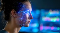 Young woman in profile with glowing blue digital neural network effect overlaid on face against dark background with bokeh lights. Futuristic AI concept.
