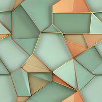 Abstract geometric background with mint green and copper polygonal shapes creating dimensional surface with metallic edges and shadow effects.