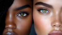 Close up portrait of two diverse women with striking green eyes and flawless skin showing beauty in diversity, perfect for cosmetics and skincare advertising.