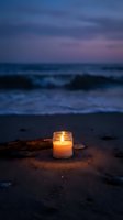 Glowing candle on sandy beach at twilight with purple sky and ocean waves creating peaceful meditation atmosphere for relaxation and mindfulness practices.