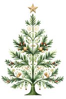 Watercolor Christmas tree with gold star topper, decorated with green branches, golden ornaments and red berries on white background. Elegant holiday art.