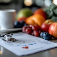 Medical stethoscope on patient chart with fresh fruits and coffee cup in background, promoting healthy lifestyle and preventive healthcare approach.