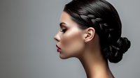 Side profile of young woman with elegant braided updo hairstyle, red lips, and flawless makeup against gray background. Professional beauty and fashion portrait.