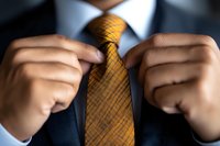 Businessman adjusting gold silk tie, close-up view of male hands on formal neckwear against dark suit and white collar, representing professional success.