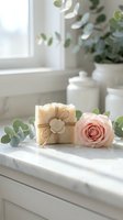 Handmade soap bar wrapped in kraft paper with twine bow, pink rose, and eucalyptus leaves on marble windowsill with natural light for spa and wellness branding.