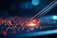 Macro shot of laser beam hitting glittery surface creating orange and blue bokeh effect against dark background, demonstrating precision technology and innovation.