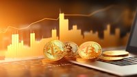 Golden cryptocurrency coins on laptop keyboard with rising market chart graph in warm orange background, illustrating digital currency trading and investment growth.