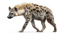 Spotted hyena walking in profile view on isolated white background, detailed fur texture and natural coloring for wildlife and nature designs.