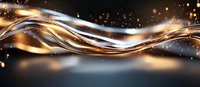 Luxurious gold and silver flowing waves with sparkling particles on dark background create elegant abstract design for luxury branding and festive decorations.