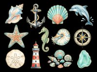 Nautical ocean elements collection featuring seashells, starfish, dolphin, anchor, seahorse, compass, lighthouse, and sand dollar isolated on transparent background. Ready for t-shirt design, clipart, stickers, sublimation, and print-on-demand projects.