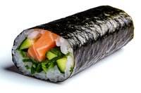 Fresh sushi roll with salmon, cucumber, and green onion wrapped in nori seaweed and white rice, photographed on white background with soft shadow.