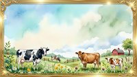 Watercolor farm scene with cows grazing on green meadow, red barn, wildflowers, framed in gold border, soft pastel sky background.
