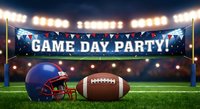 Game day party banner with football and helmet on stadium field under bright lights for sports celebration events.