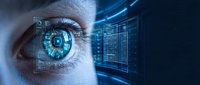 Futuristic digital eye with holographic interface and data visualization technology concept for cybersecurity and artificial intelligence applications.