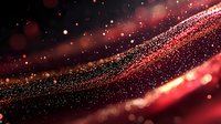 Glowing red and gold particles flow in curved waves against dark background, creating magical atmosphere with bokeh light effects and sparkling dust.