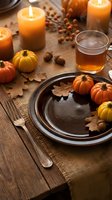 Autumn harvest table setting with orange candles, mini pumpkins, fall leaves, nuts, and warm beverage for seasonal dining and holiday entertaining.