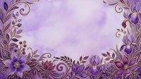 Ornate floral frame with purple flowers and golden scrollwork on lavender watercolor background, suitable for invitations, cards, and design projects.