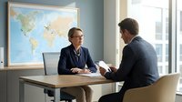 Professional business meeting between two executives discussing strategy in modern office with world map background for corporate presentations and consulting services.
