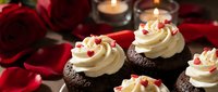 Romantic chocolate cupcakes with cream frosting and heart sprinkles surrounded by red rose petals and glowing candles for Valentine's Day celebration.