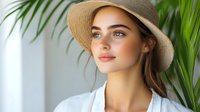 Young Caucasian woman in straw hat and white shirt relaxing among tropical palm leaves, summer vacation lifestyle portrait for wellness and travel content.