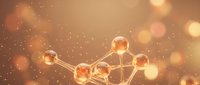 Abstract molecular structure with glowing spheres and connecting lines on warm golden background with bokeh light effects and floating particles.