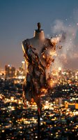 Mannequin engulfed in flames and sparks against illuminated cityscape at dusk, symbolizing destruction, transformation, and urban decay for creative design projects.