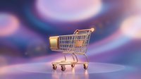 Golden shopping cart on vibrant purple and pink gradient background with soft bokeh lights for retail and e-commerce marketing concepts.