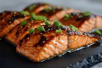 Grilled salmon fillets glazed with sweet teriyaki sauce and garnished with fresh chopped green onions served on dark slate plate, close up view of juicy fish portions.