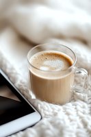 Glass mug filled with creamy coffee latte on white knitted blanket next to smartphone, creating cozy morning atmosphere with soft natural lighting.