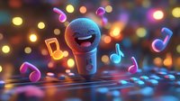 Glowing microphone with floating musical notes on dark background with colorful bokeh lights creates festive karaoke atmosphere for entertainment designs.