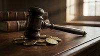 Wooden judge gavel with golden coins on desk in courtroom setting with law books and window light for legal and financial justice concepts.