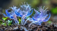 Luminescent blue mushrooms growing in dark soil with delicate translucent tendrils creating magical forest atmosphere. Macro photography captures ethereal glow and intricate details.