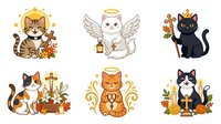 Cute cats with religious and spiritual symbols isolated on white background, ready for t-shirt design, clipart, stickers and merchandise applications.
