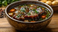 Rich beef stew with tender meat, carrots and potatoes in dark ceramic bowl garnished with fresh herbs. Hearty homemade soup on wooden table.