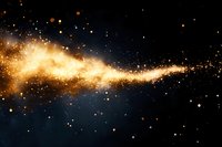Magical golden stardust trail with glowing particles and sparkles flowing on dark blue background, cosmic nebula effect for fantasy and space designs.