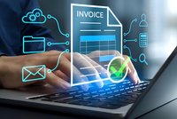 Digital invoice management system with businessman hands typing on laptop showing connected financial technology icons and automated billing workflow.