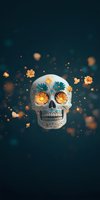 Mexican sugar skull decorated with glowing orange and blue flowers floating on dark background with magical sparkles and floral elements.