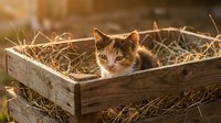 Adorable orange tabby kitten sitting in rustic wooden crate filled with golden straw, warm sunlight creating cozy barn atmosphere for pet photography.