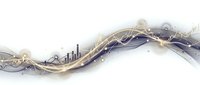 Flowing abstract wave design with golden and silver metallic ribbons blending into urban cityscape silhouettes, isolated on white background for graphic design and digital projects.